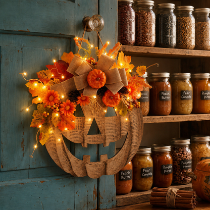 🎃✨ Lighted Burlap Pumpkin Wreath