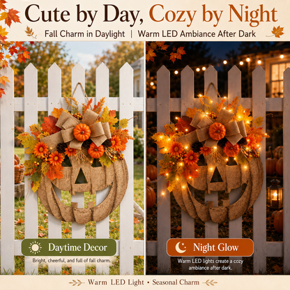 🎃✨ Lighted Burlap Pumpkin Wreath