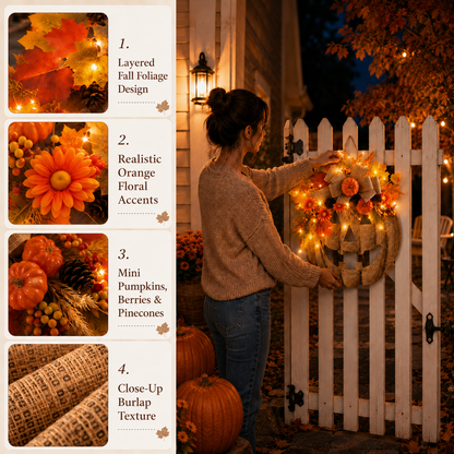 🎃✨ Lighted Burlap Pumpkin Wreath