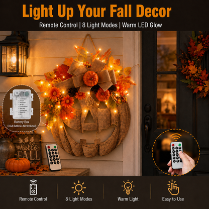 🎃✨ Lighted Burlap Pumpkin Wreath
