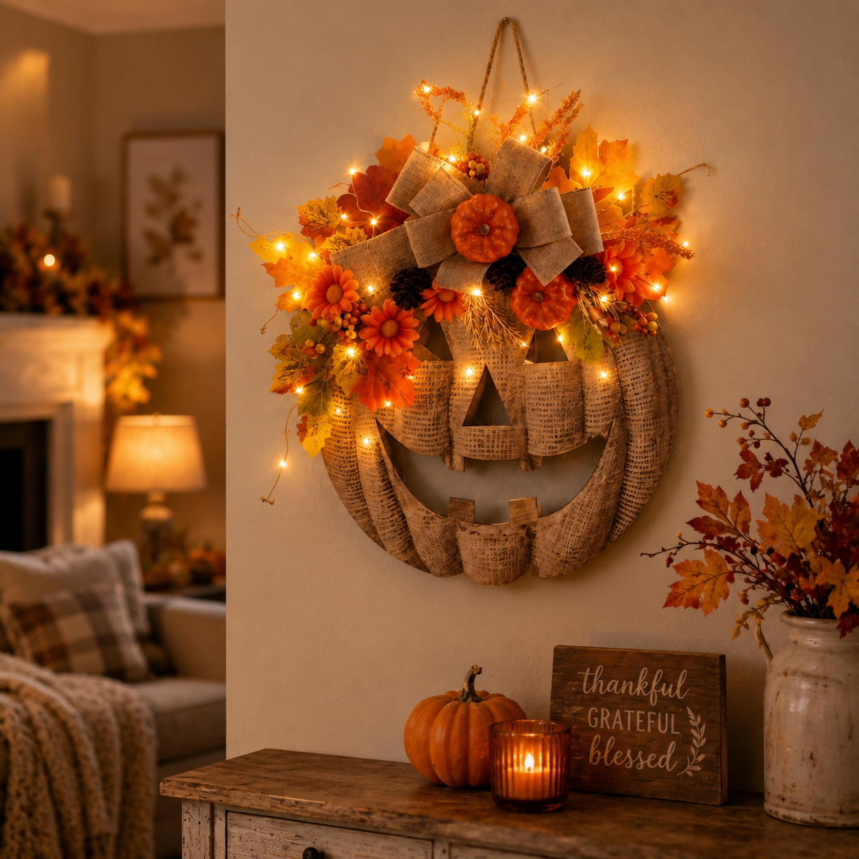 🎃✨ Lighted Burlap Pumpkin Wreath