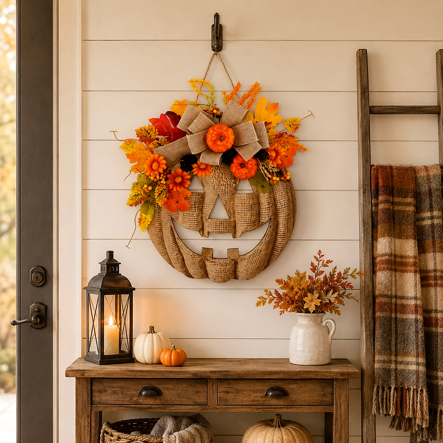 🎃✨ Lighted Burlap Pumpkin Wreath