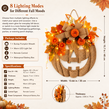 🎃✨ Lighted Burlap Pumpkin Wreath