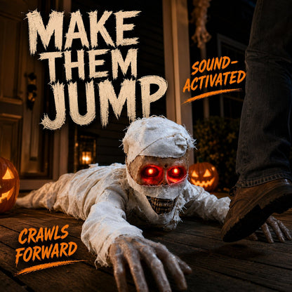 🧟 Animated Crawling Mummy Halloween Prop – Sound-Activated Scare With Red Eyes 🎃