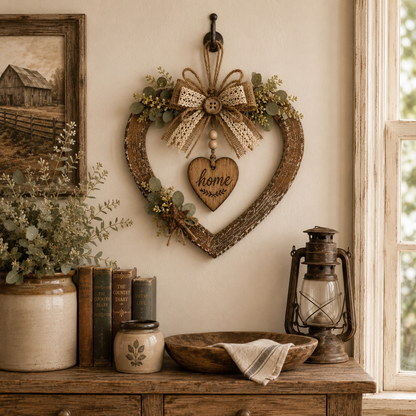 Rustic Farmhouse “Home” Heart Wreath – Ready-to-Hang Country Wall Decor