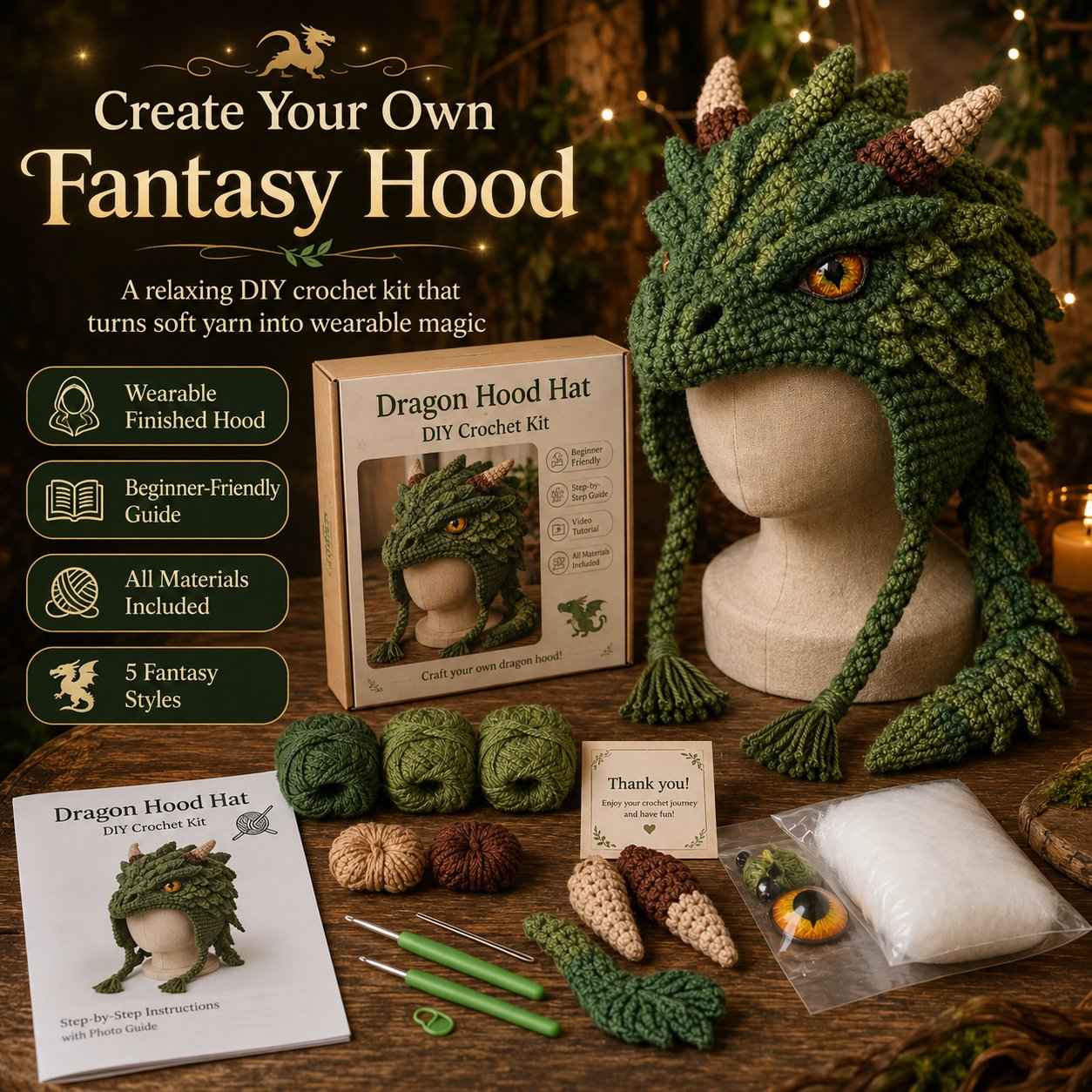 🐉✨ Fantasy Hood Hat DIY Crochet Kit | Premium Soft Yarn Materials with Step-by-Step Guide DIY Handmade Wearable Character Hood 🧶🎭✨