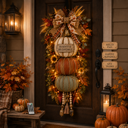 🏡🎃Lighted Stacked Pumpkin Fall Door Decor with 3 Seasonal Plaques