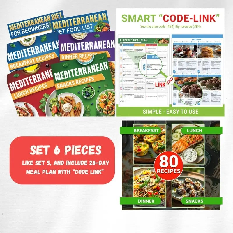 🥗Feel More Confident About Everyday Meals - 6-Piece Mediterranean Meal Planning Set With A 28-Day Guide And 80 Recipes🍋