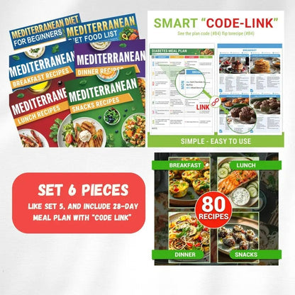 🥗Feel More Confident About Everyday Meals - 6-Piece Mediterranean Meal Planning Set With A 28-Day Guide And 80 Recipes🍋