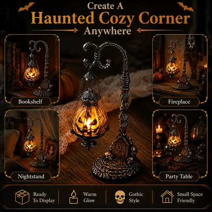 🔥Halloween Early Bird Sale🎃 Gothic Pumpkin Lantern Stand | Warm Orange LED Glow, Victorian Skull Details & Haunted Shelf Decor 🕯️
