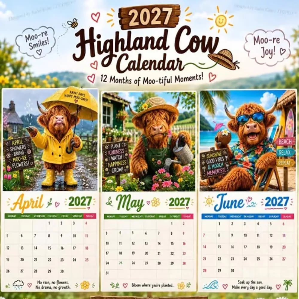 🐮Adventure & Fun Crew Highland Cow Calendar📆 2027 Full Year Planner