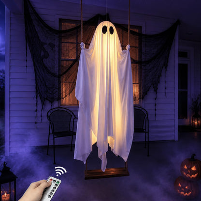 Halloween Decorations Outdoor - 5FT Large Hanging Ghost Swing with Remote Control String Lights & Upgraded Sheet, Scary Ghost Halloween Party Decor Outside for Tree Porch Yard Garden Lawn
