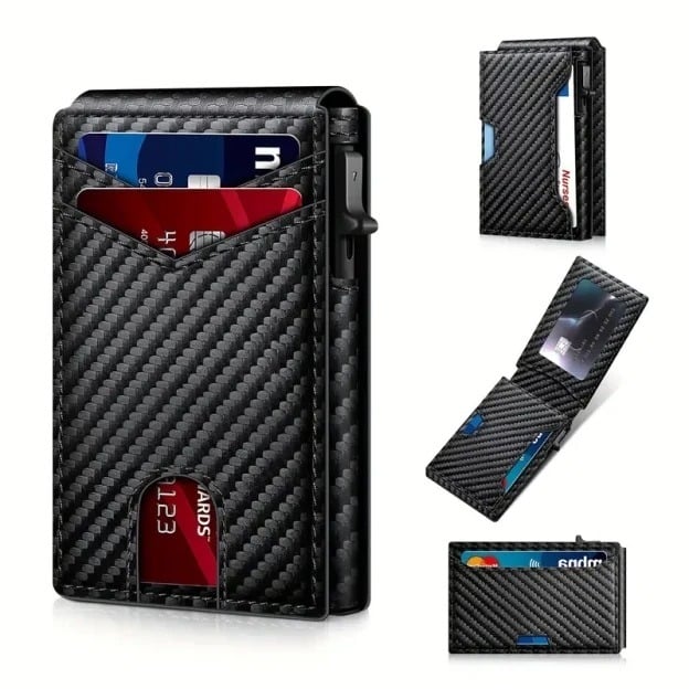 🔥Minimalist Pop-Up Wallet for Men – RFID Blocking Aluminum Card Holder , ID Window & Leather Front Pocket