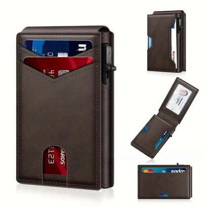 🔥Minimalist Pop-Up Wallet for Men – RFID Blocking Aluminum Card Holder , ID Window & Leather Front Pocket