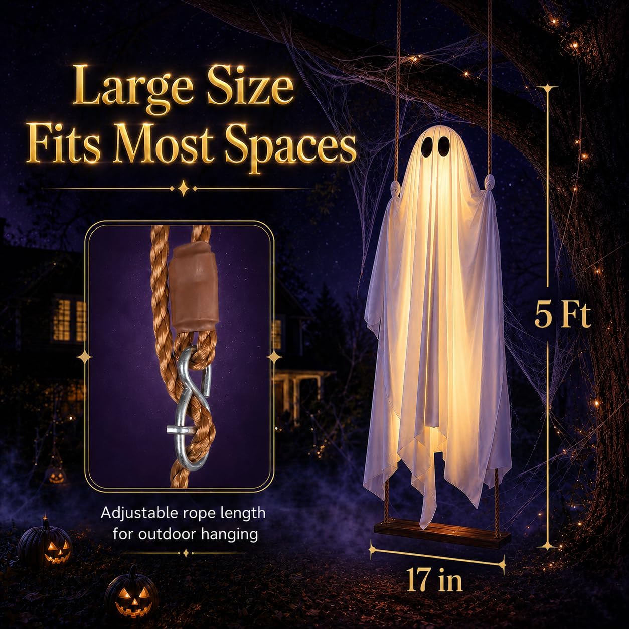 Halloween Decorations Outdoor - 5FT Large Hanging Ghost Swing with Remote Control String Lights & Upgraded Sheet, Scary Ghost Halloween Party Decor Outside for Tree Porch Yard Garden Lawn