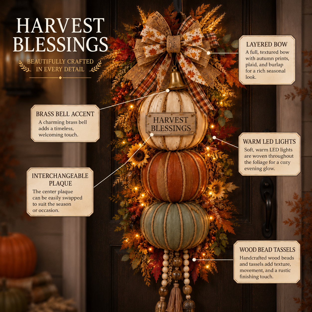 🏡🎃Lighted Stacked Pumpkin Fall Door Decor with 3 Seasonal Plaques