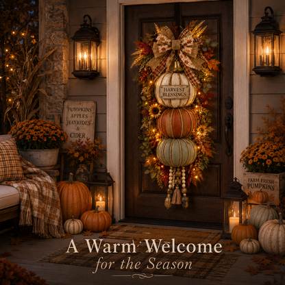 🍂🏡🎃Lighted Stacked Pumpkin Fall Door Decor with 3 Seasonal Plaques