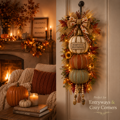 🏡🎃Lighted Stacked Pumpkin Fall Door Decor with 3 Seasonal Plaques