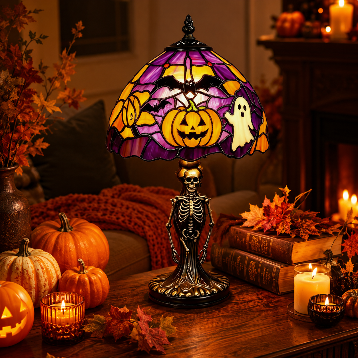 👻Spooky Glow Tiffany Lamp Pumpkin Ghost Bat Halloween Desk Light