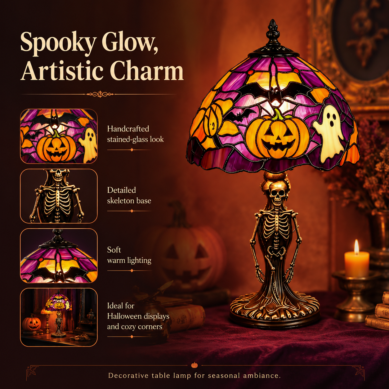 👻Spooky Glow Tiffany Lamp Pumpkin Ghost Bat Halloween Desk Light