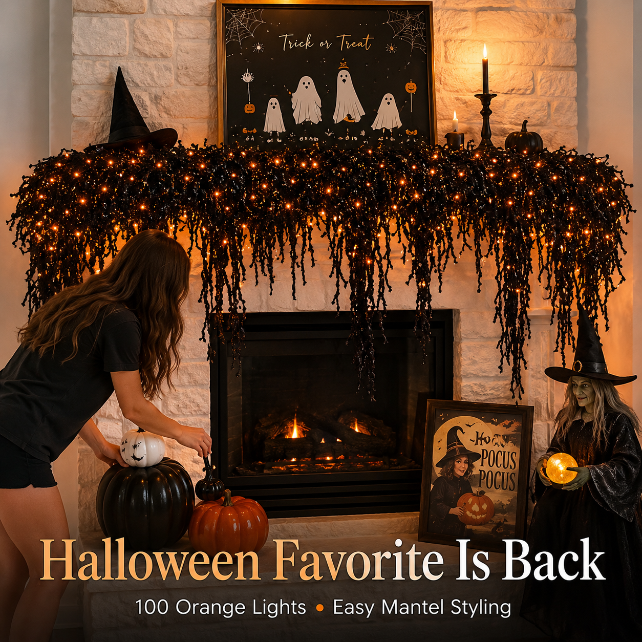 🎃 Pre-Lit Drippy Halloween Garland | 100 Orange Lights