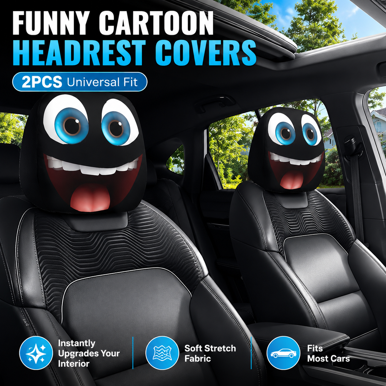 😆 Funny Cartoon Car Headrest Covers – 2PCS Universal Fit 🚗