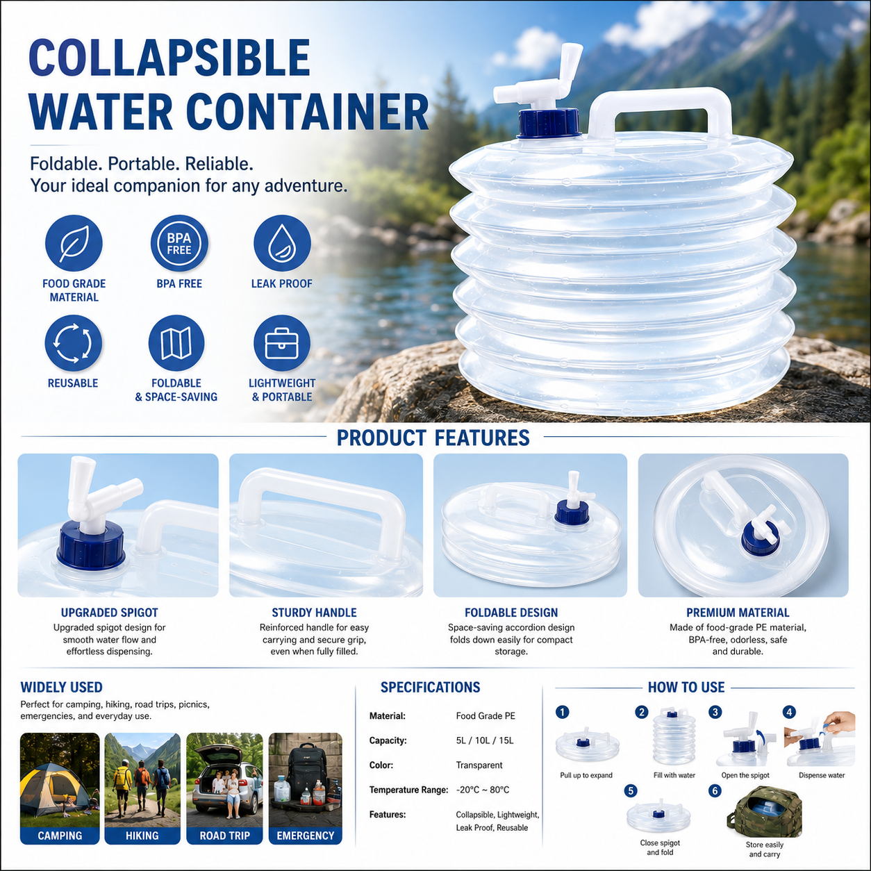 10L Foldable BPA-Free Water Container with Tap