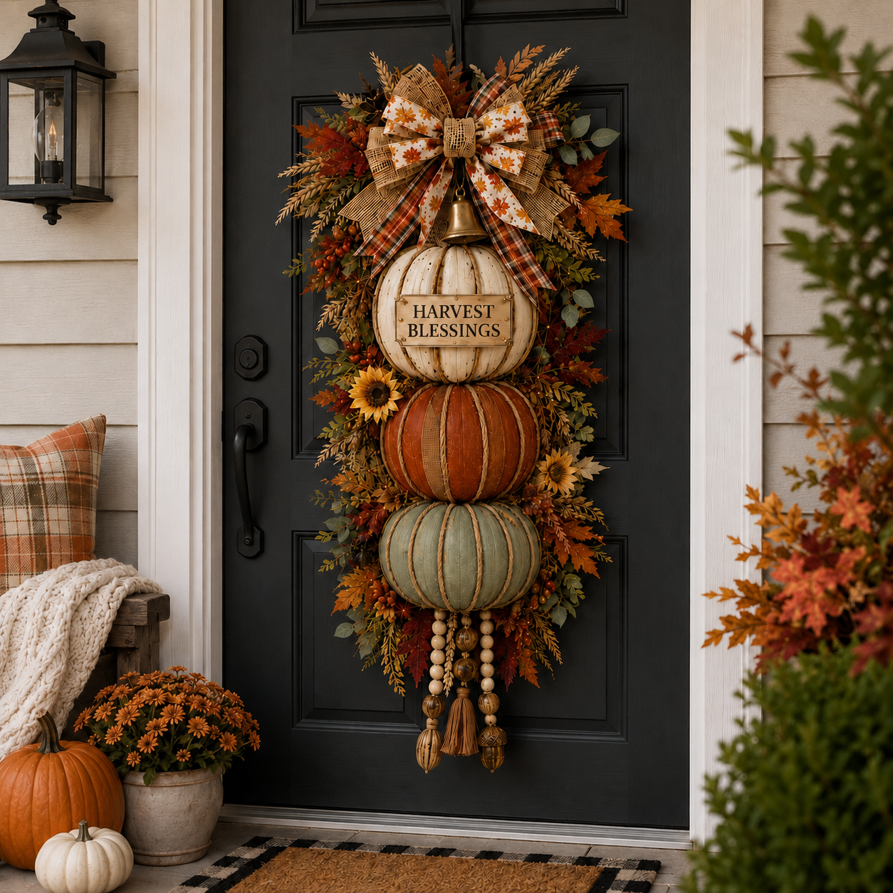 🏡🎃Lighted Stacked Pumpkin Fall Door Decor with 3 Seasonal Plaques