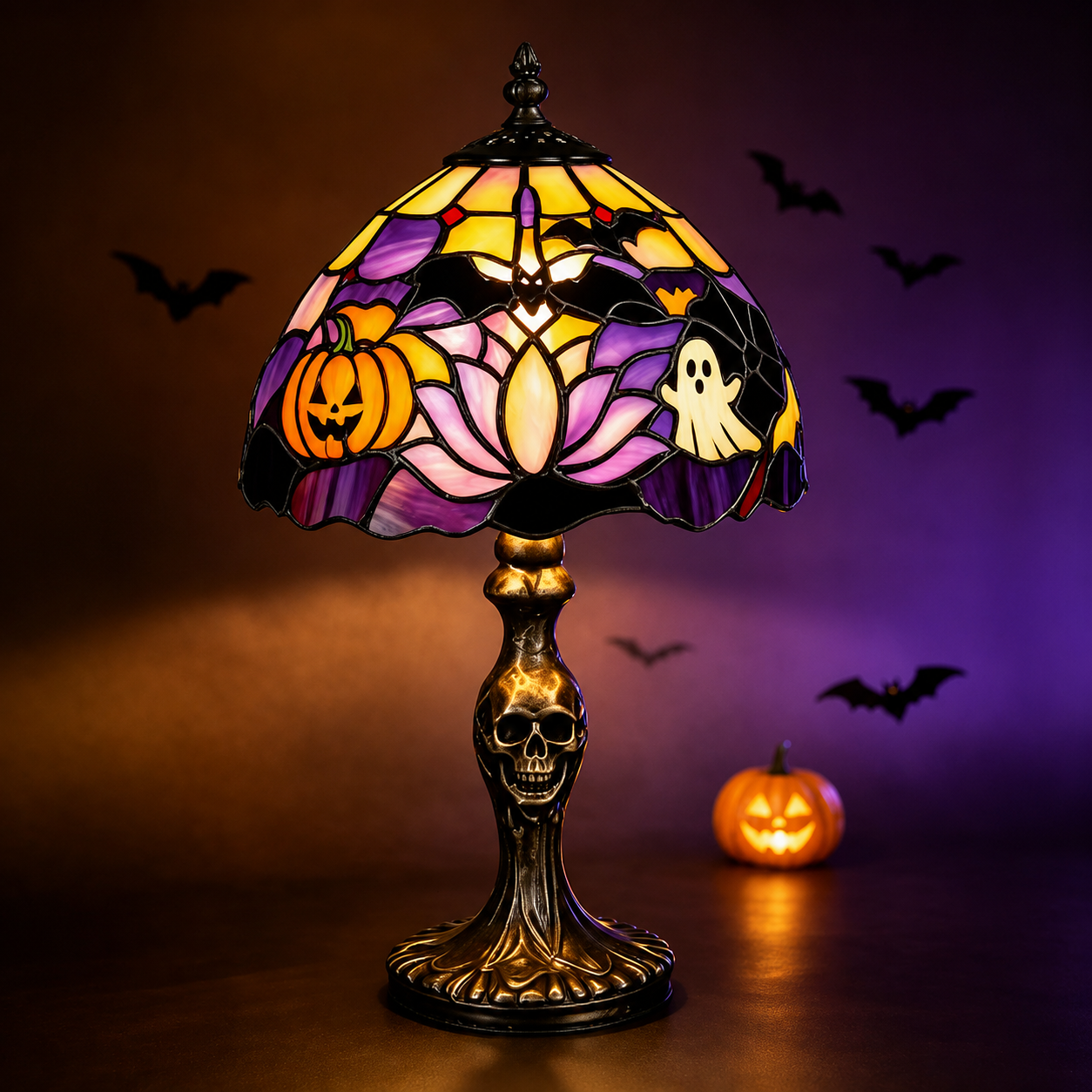 👻Spooky Glow Tiffany Lamp Pumpkin Ghost Bat Halloween Desk Light