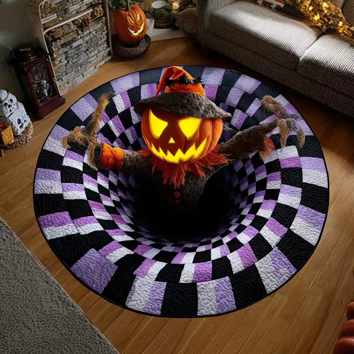 💀Halloween 3D Bottomless Illusion Rug Skeleton Pit Non-Slip Crystal Velvet Mat 🎃