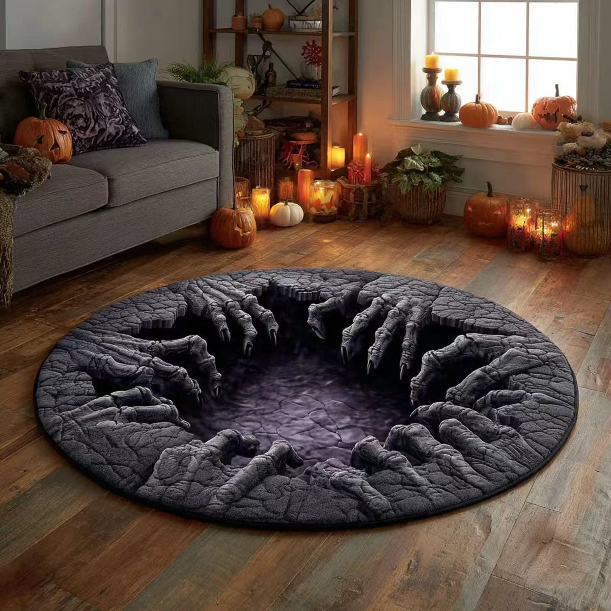 💀Halloween 3D Bottomless Illusion Rug Skeleton Pit Non-Slip Crystal Velvet Mat 🎃