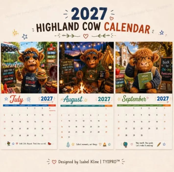 🐮Adventure & Fun Crew Highland Cow Calendar📆 2027 Full Year Planner