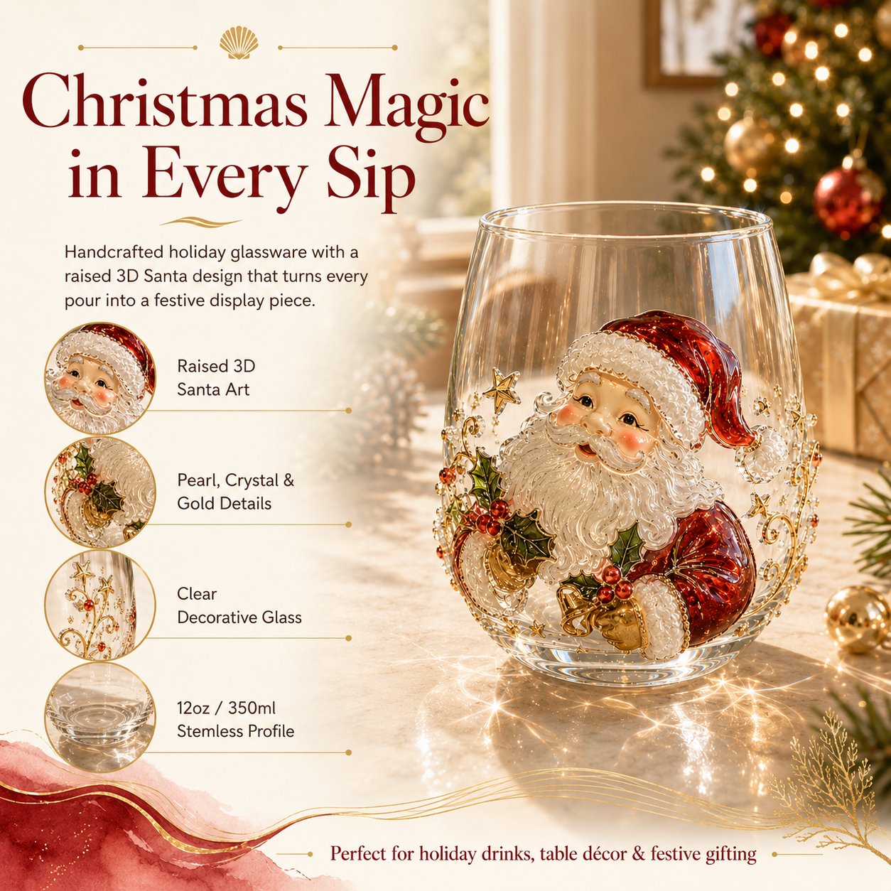 🎅Christmas Early Bird Sale🎄Christmas Glass Art Cup | Luxury Raised Holiday Glassware for Drinks, Decor & Christmas Gifts 🎁