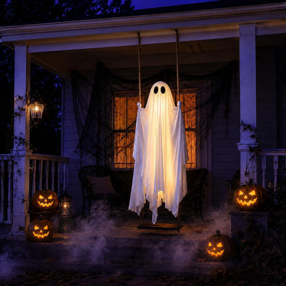 Halloween Decorations Outdoor - 5FT Large Hanging Ghost Swing with Remote Control String Lights & Upgraded Sheet, Scary Ghost Halloween Party Decor Outside for Tree Porch Yard Garden Lawn
