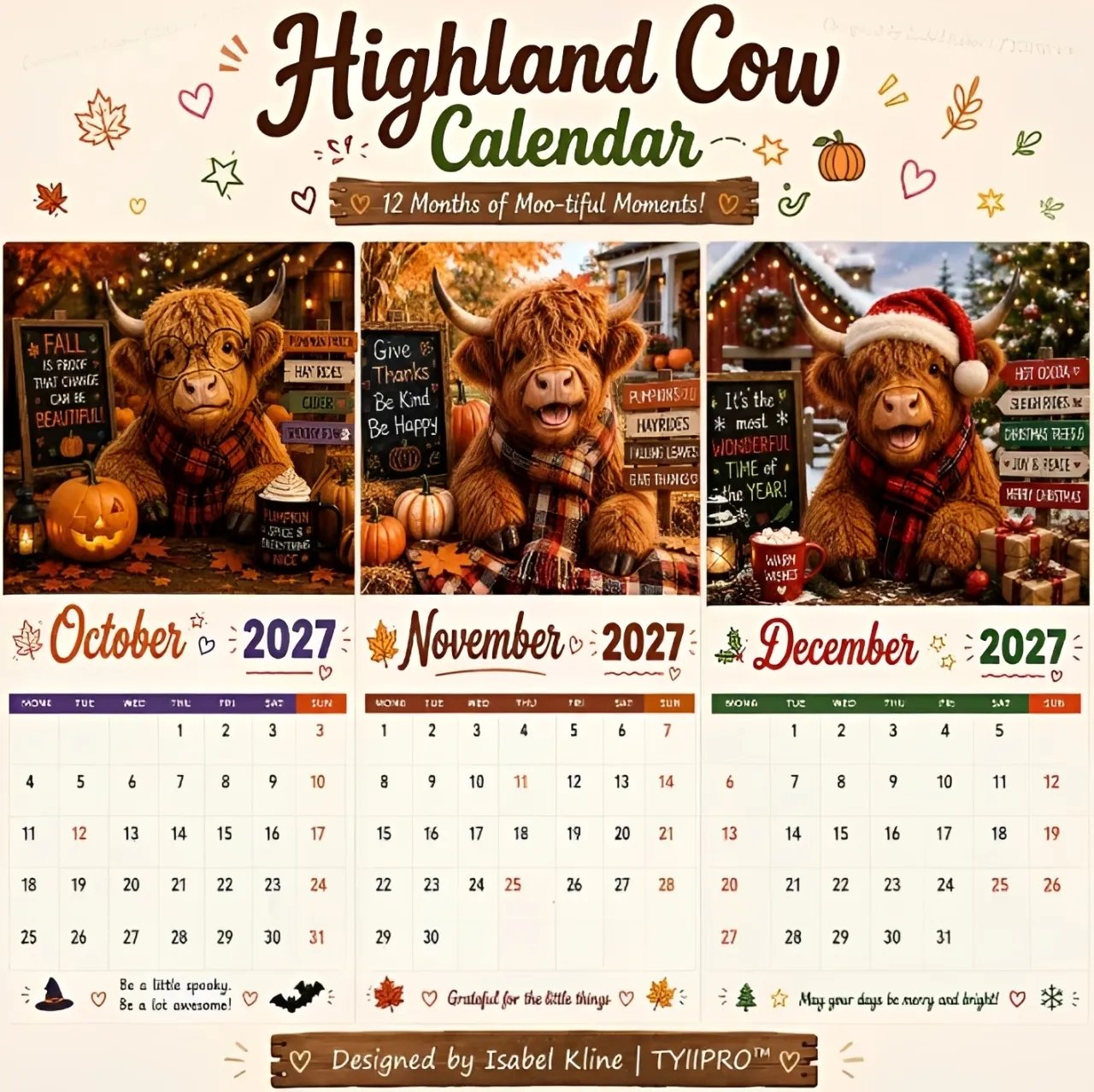 🐮Adventure & Fun Crew Highland Cow Calendar📆 2027 Full Year Planner