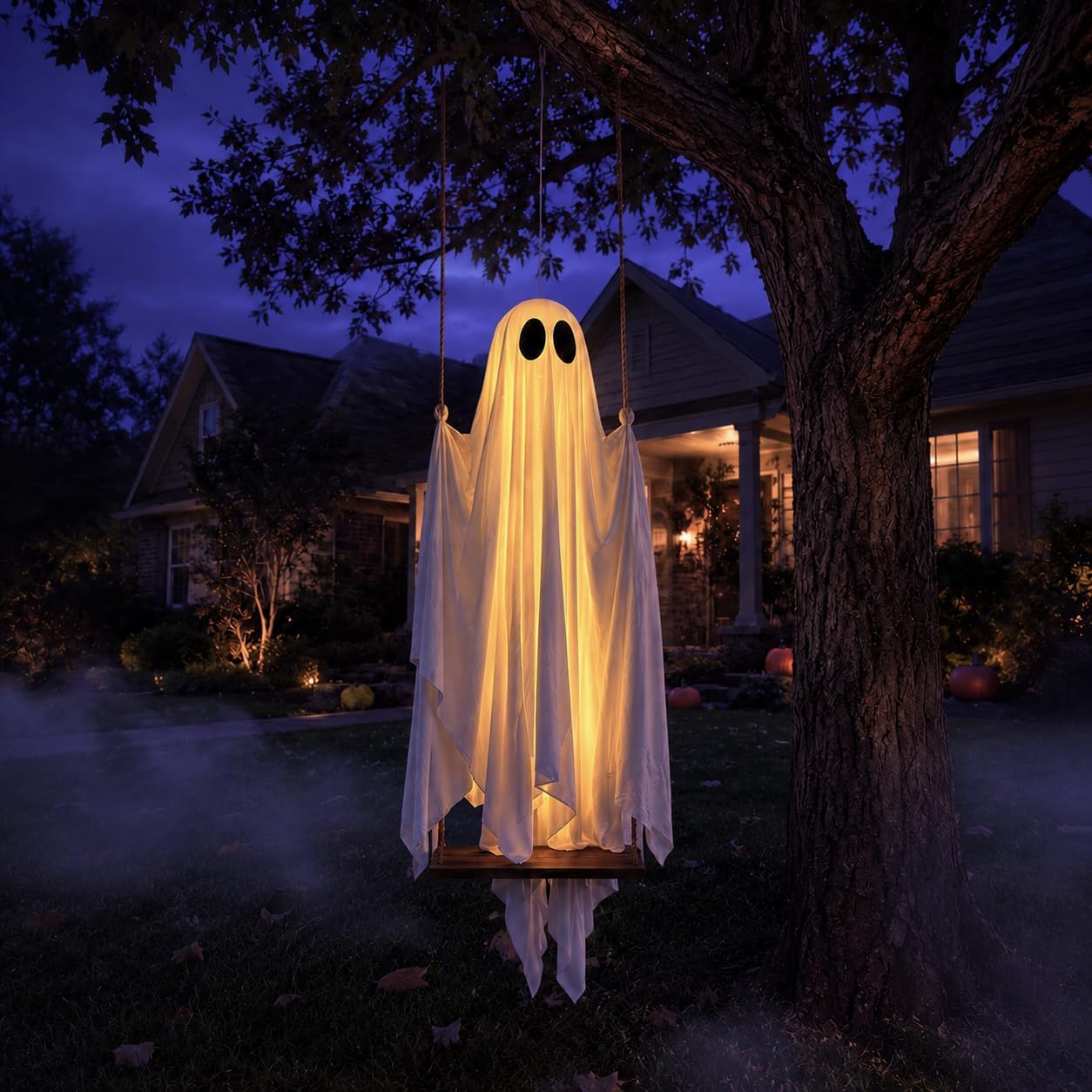 Halloween Decorations Outdoor - 5FT Large Hanging Ghost Swing with Remote Control String Lights & Upgraded Sheet, Scary Ghost Halloween Party Decor Outside for Tree Porch Yard Garden Lawn