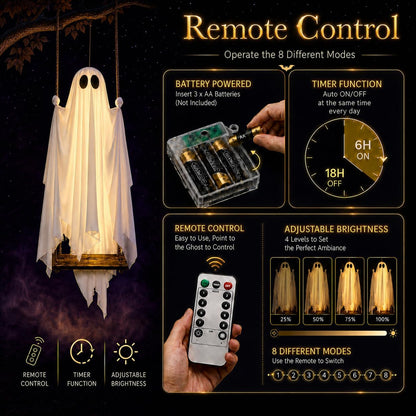 Halloween Decorations Outdoor - 5FT Large Hanging Ghost Swing with Remote Control String Lights & Upgraded Sheet, Scary Ghost Halloween Party Decor Outside for Tree Porch Yard Garden Lawn