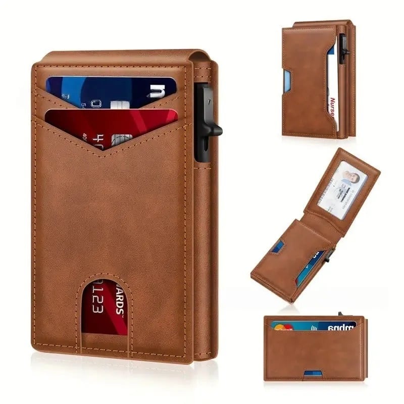 🔥Minimalist Pop-Up Wallet for Men – RFID Blocking Aluminum Card Holder , ID Window & Leather Front Pocket
