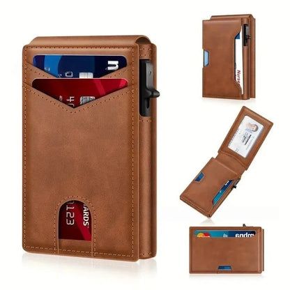 🔥Minimalist Pop-Up Wallet for Men – RFID Blocking Aluminum Card Holder , ID Window & Leather Front Pocket