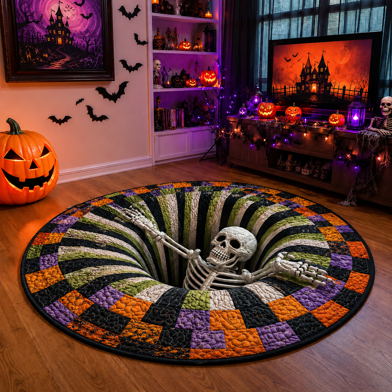 🔥 55% OFF TODAY 🎃3D Skeleton Vortex Quilted Round Halloween Rug