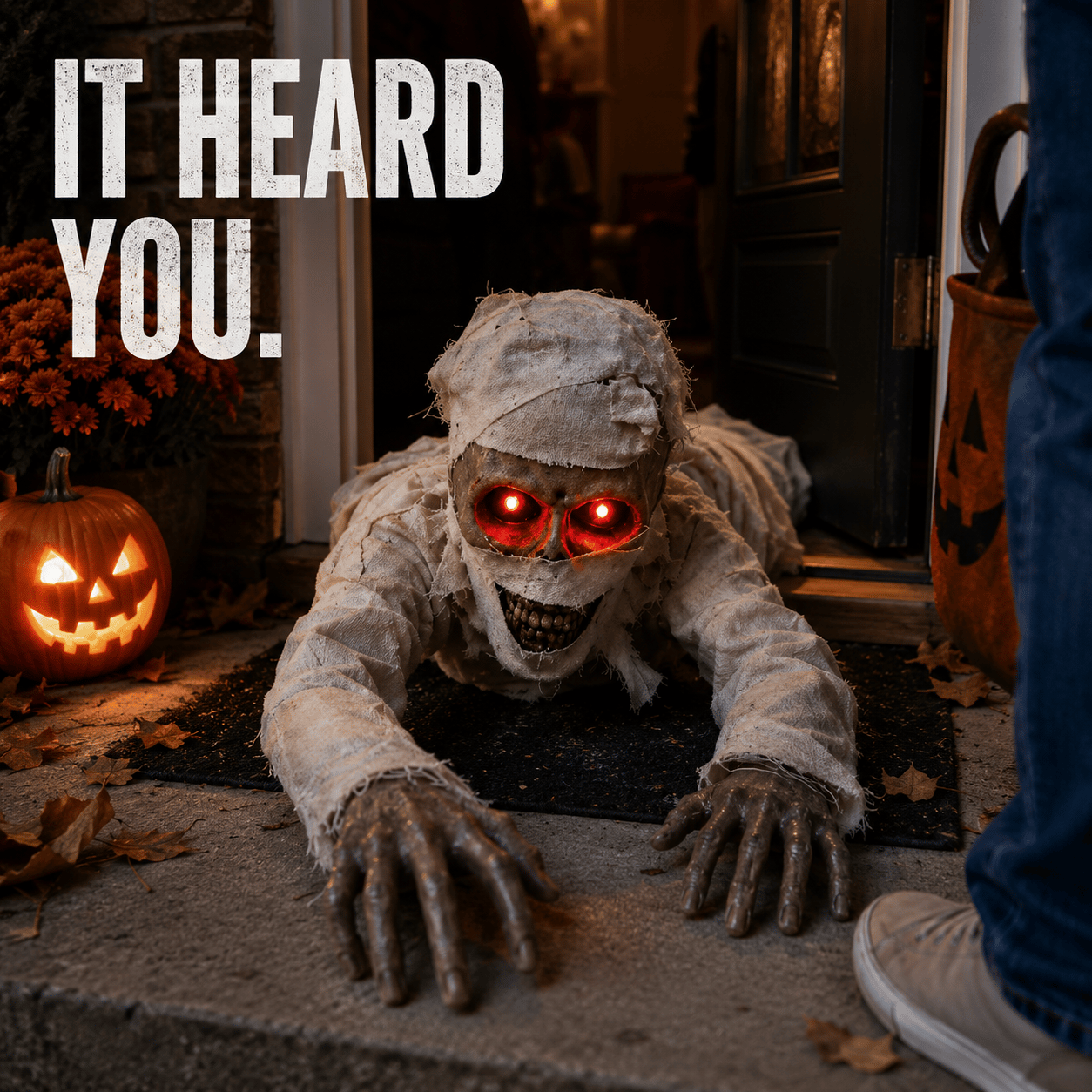 🧟 Animated Crawling Mummy Halloween Prop – Sound-Activated Scare With Red Eyes 🎃