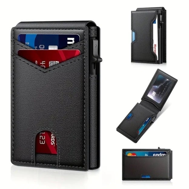 🔥Minimalist Pop-Up Wallet for Men – RFID Blocking Aluminum Card Holder , ID Window & Leather Front Pocket