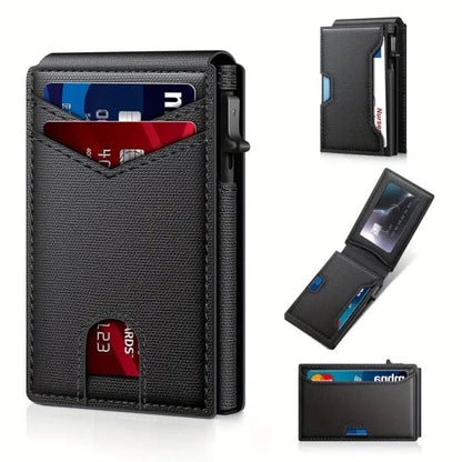 🔥Minimalist Pop-Up Wallet for Men – RFID Blocking Aluminum Card Holder , ID Window & Leather Front Pocket