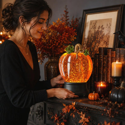 🎉Orange Fall Pumpkin Lighted Glitter Swirl Water Globe