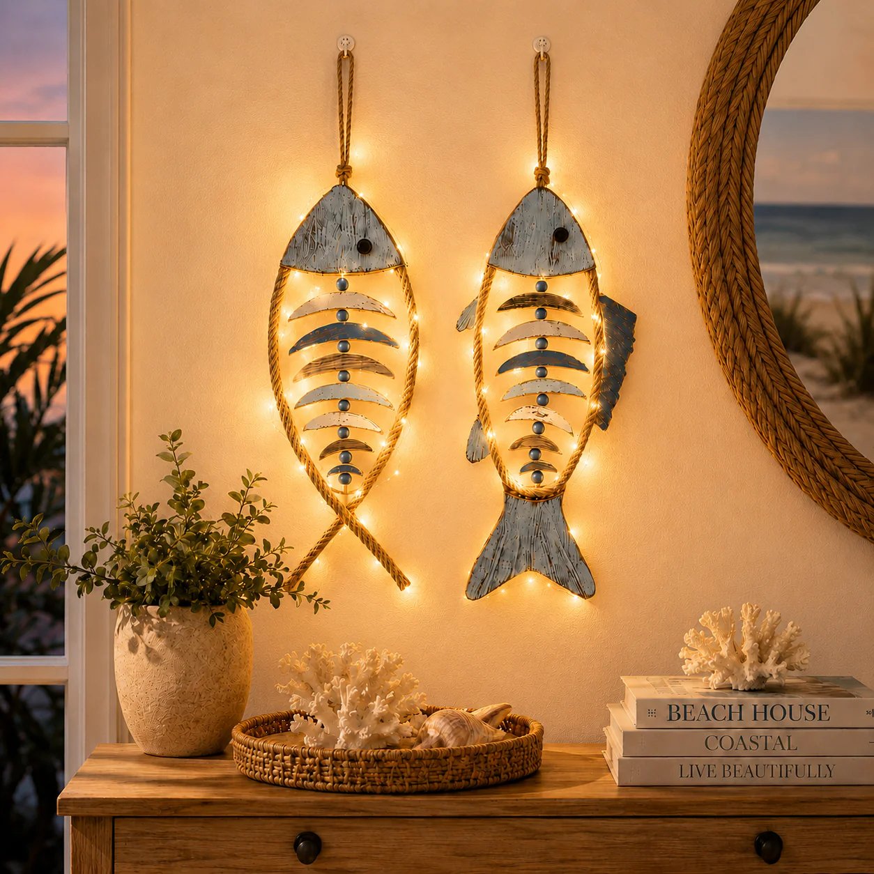🎉🎉🐟✨ Lighted Coastal Rope Fish Wall Hanging