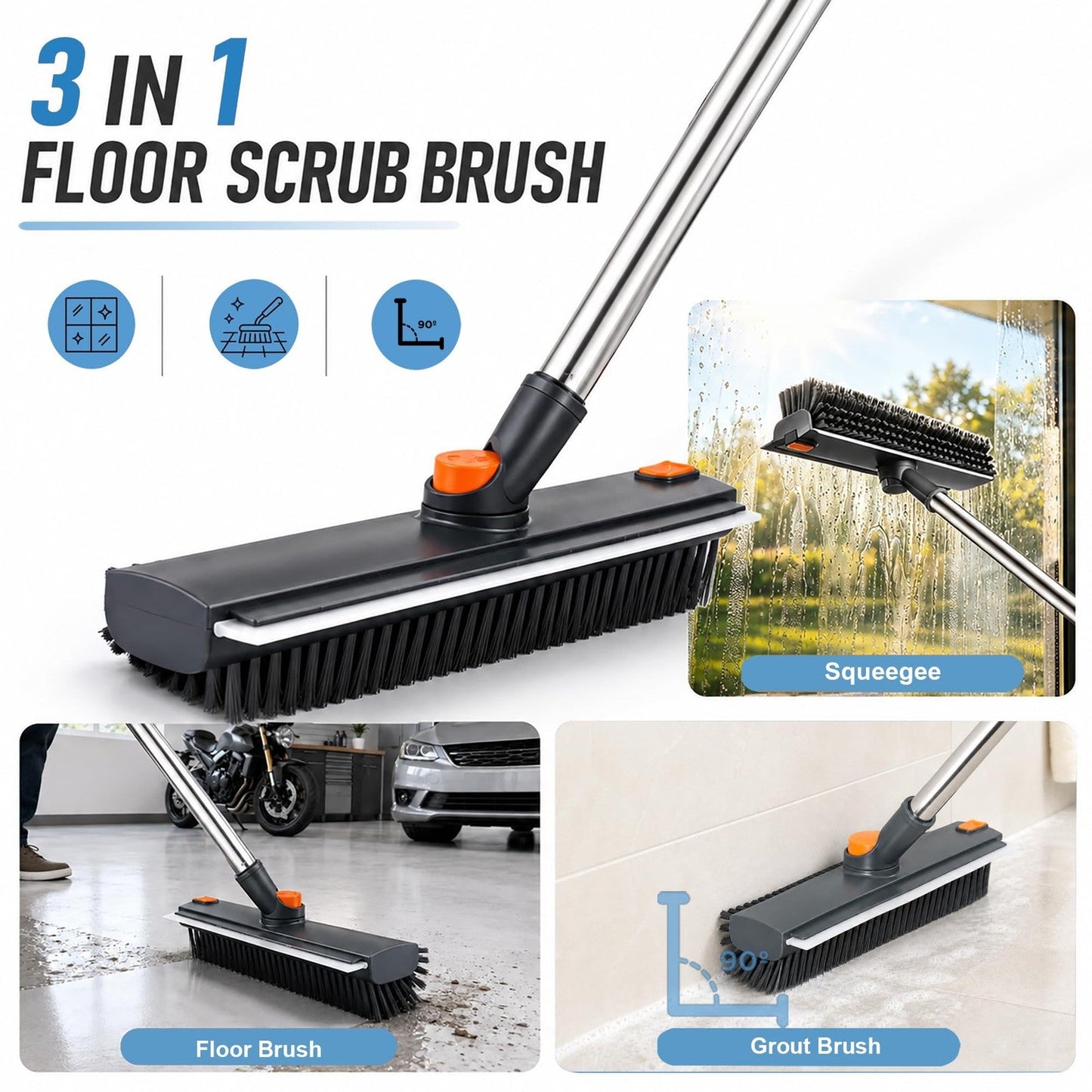 3-in-1 Rotatable Floor Scrub Brush with Long Stainless Steel Handle