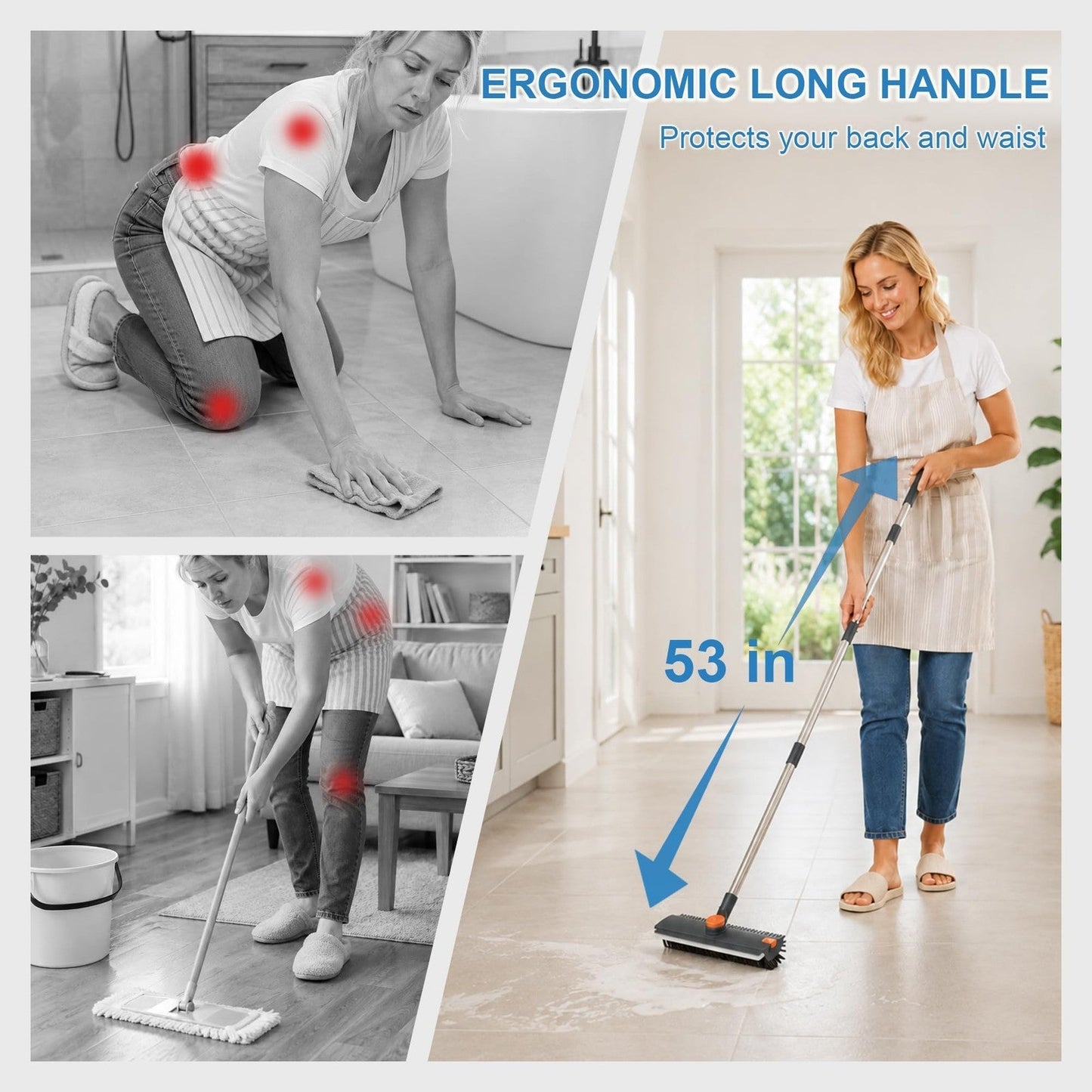 3-in-1 Rotatable Floor Scrub Brush with Long Stainless Steel Handle